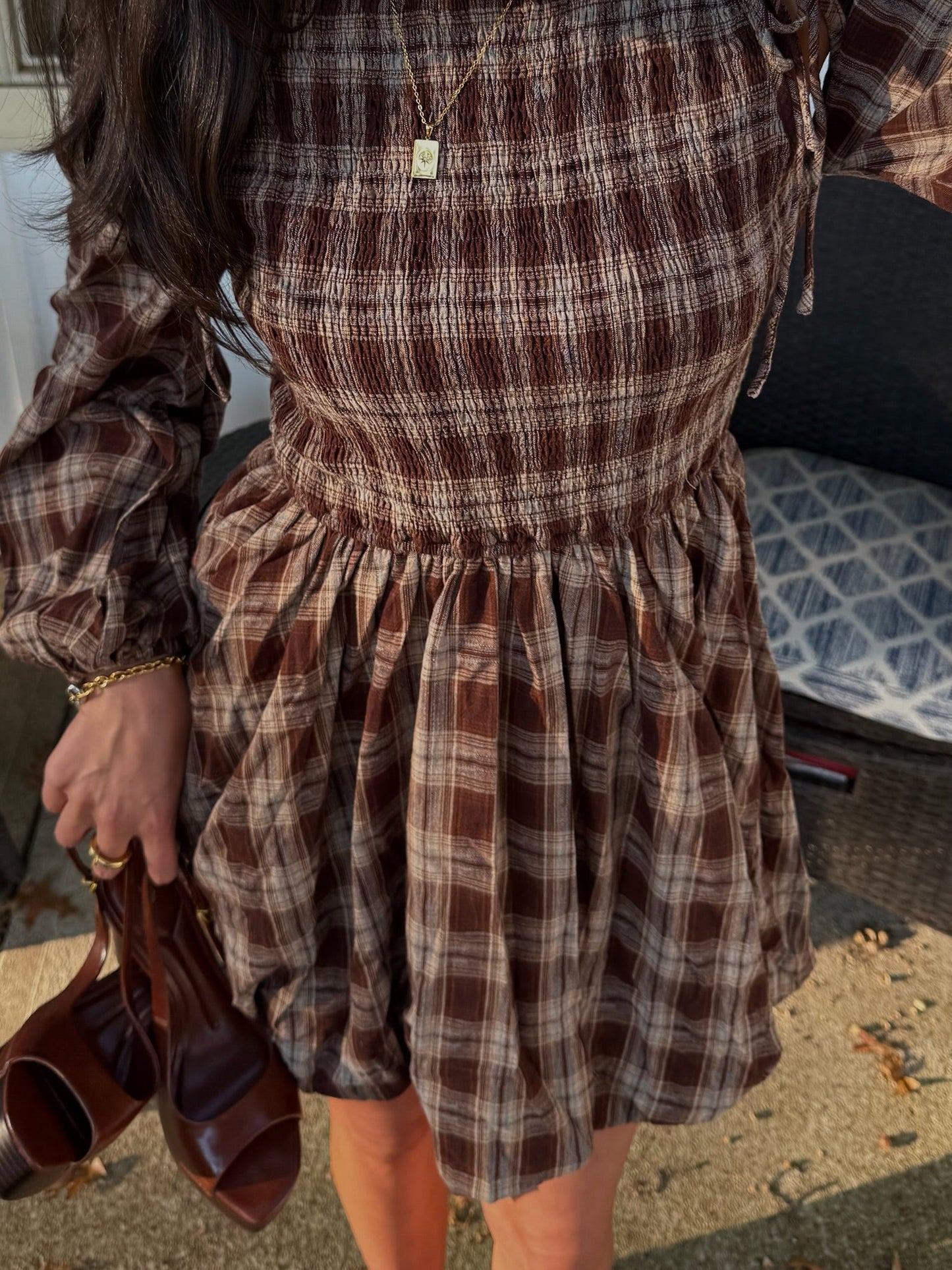 The Plaid Tie Sleeve Bubble Mini Dress - Allora