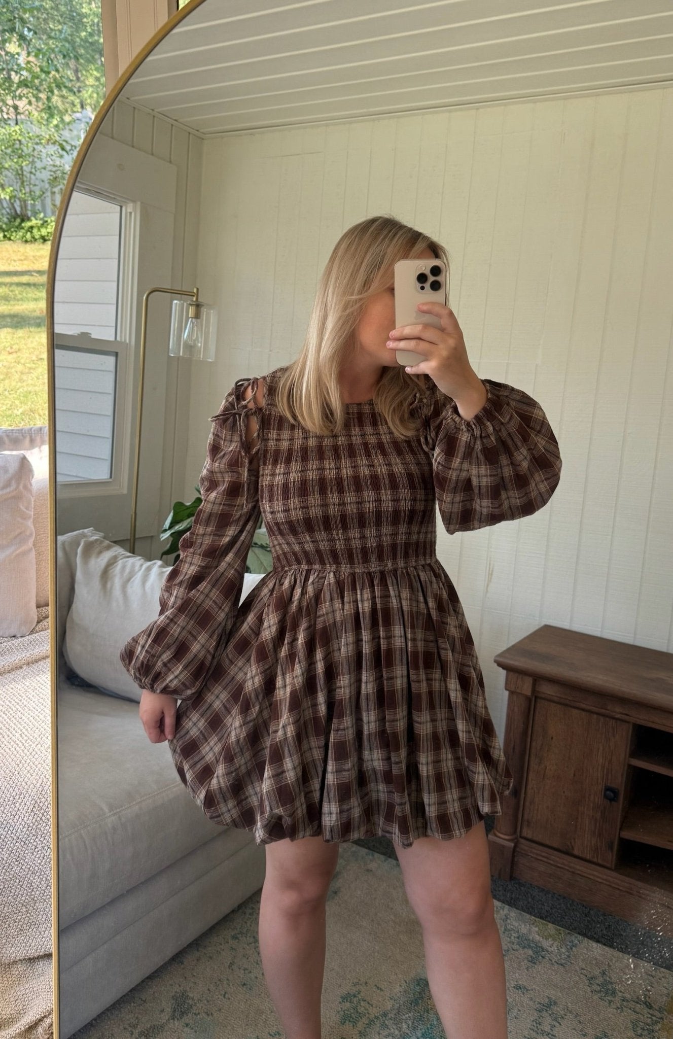 The Plaid Tie Sleeve Bubble Mini Dress - Allora