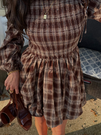 The Plaid Tie Sleeve Bubble Mini Dress - Allora