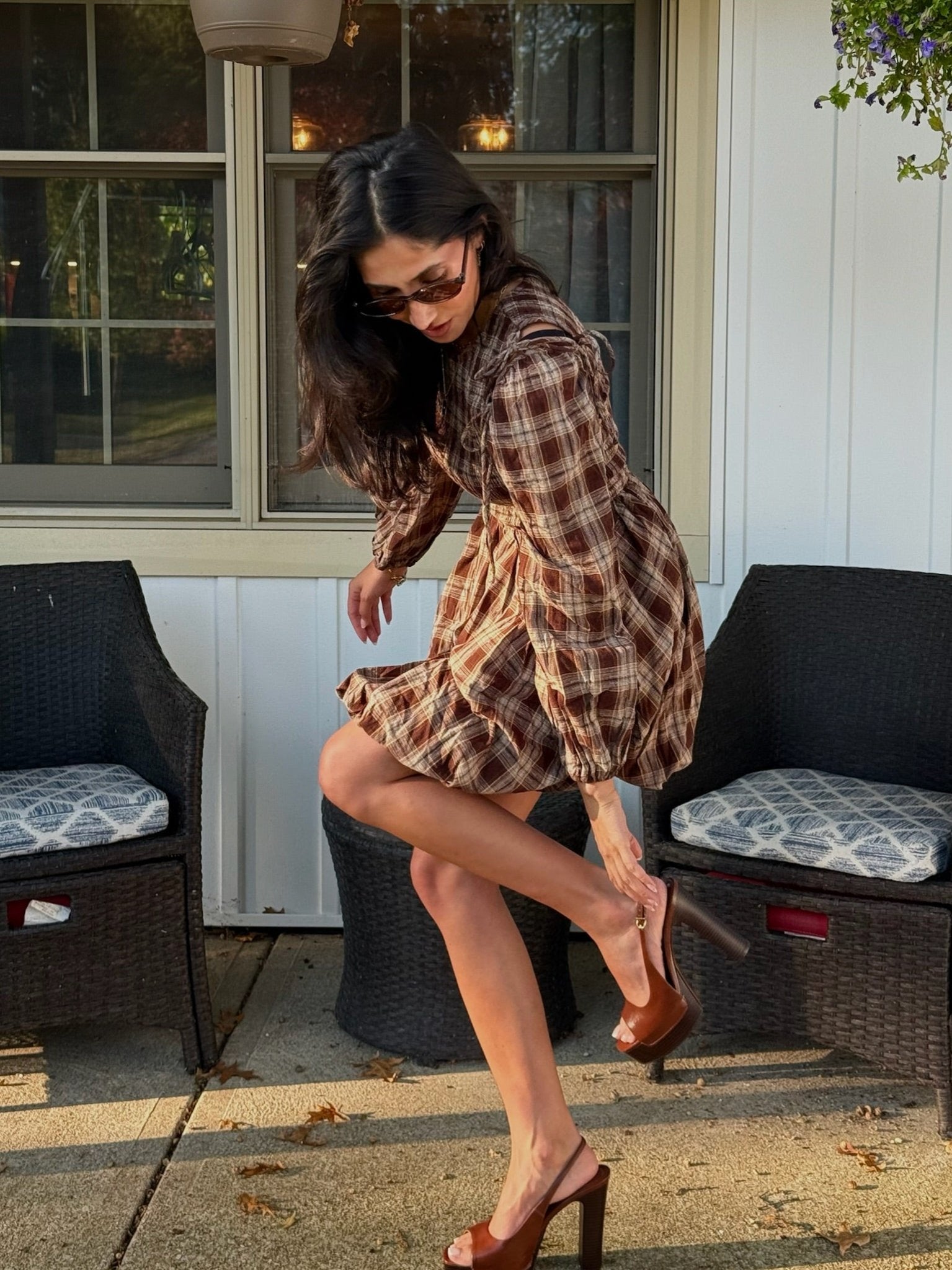 The Plaid Tie Sleeve Bubble Mini Dress - Allora