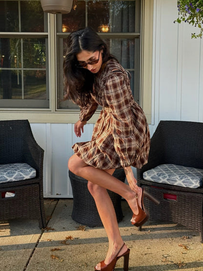 The Plaid Tie Sleeve Bubble Mini Dress - Allora