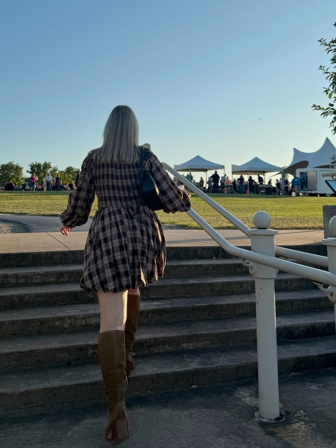 The Plaid Tie Sleeve Bubble Mini Dress - Allora