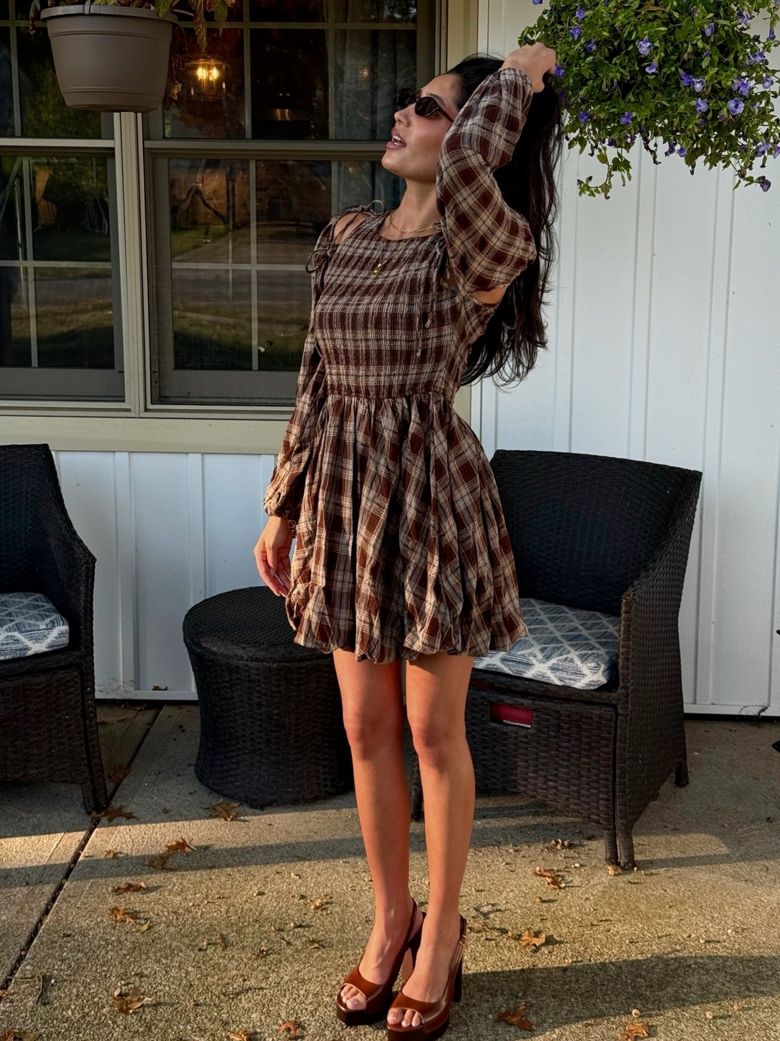 The Plaid Tie Sleeve Bubble Mini Dress - Allora