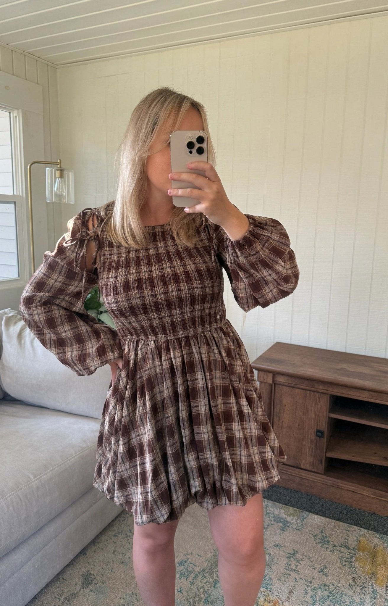 The Plaid Tie Sleeve Bubble Mini Dress - Allora