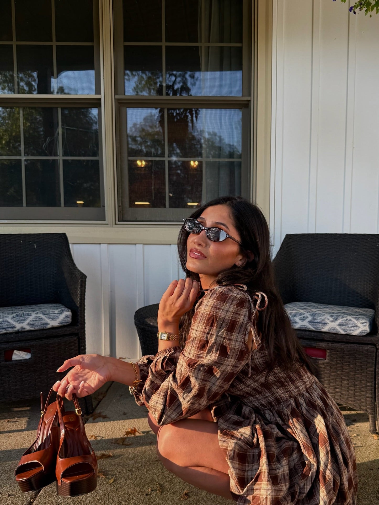 The Plaid Tie Sleeve Bubble Mini Dress - Allora