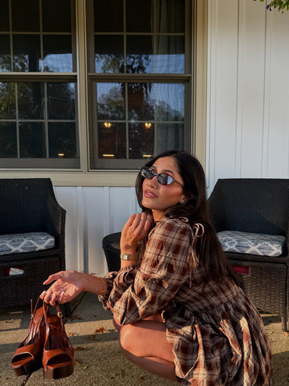 The Plaid Tie Sleeve Bubble Mini Dress - Allora