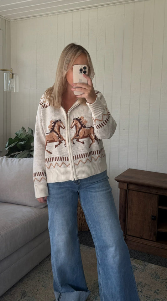 The Rodeo Knitted Horse Zip-Up Cardigan - Allora