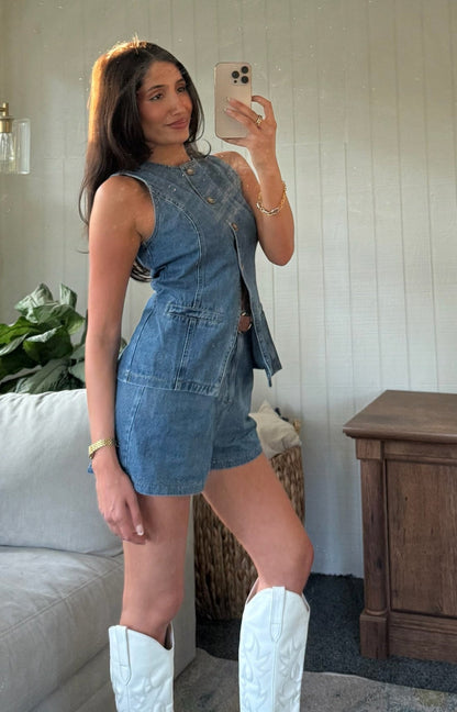 The Saddle Up Denim Vest and Short Set - Allora